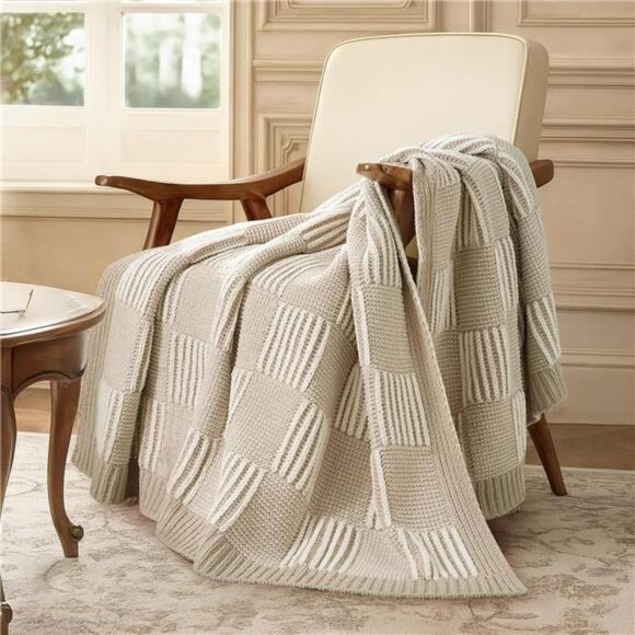 Checkered knit throw blanket soft chenille cozy couch sofa decorative home decor - Picture 3 of 7
